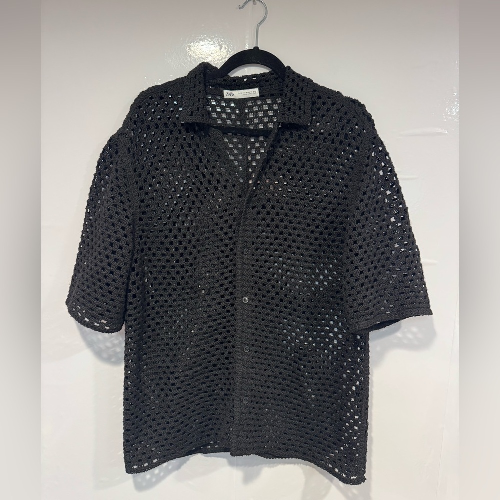 Zara black crochet summer button down